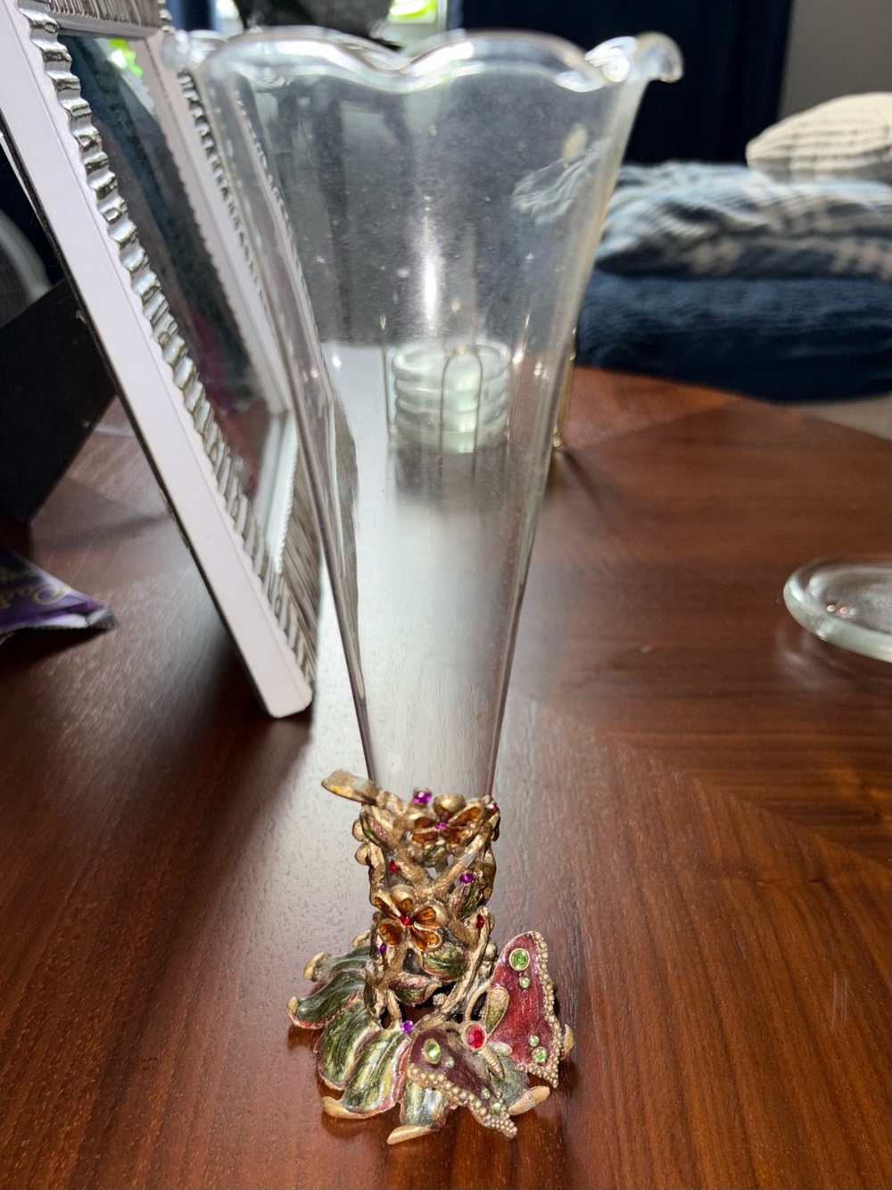 Kirks Folly Clear Glass Bud Vase with Gold Floral Jeweled Base